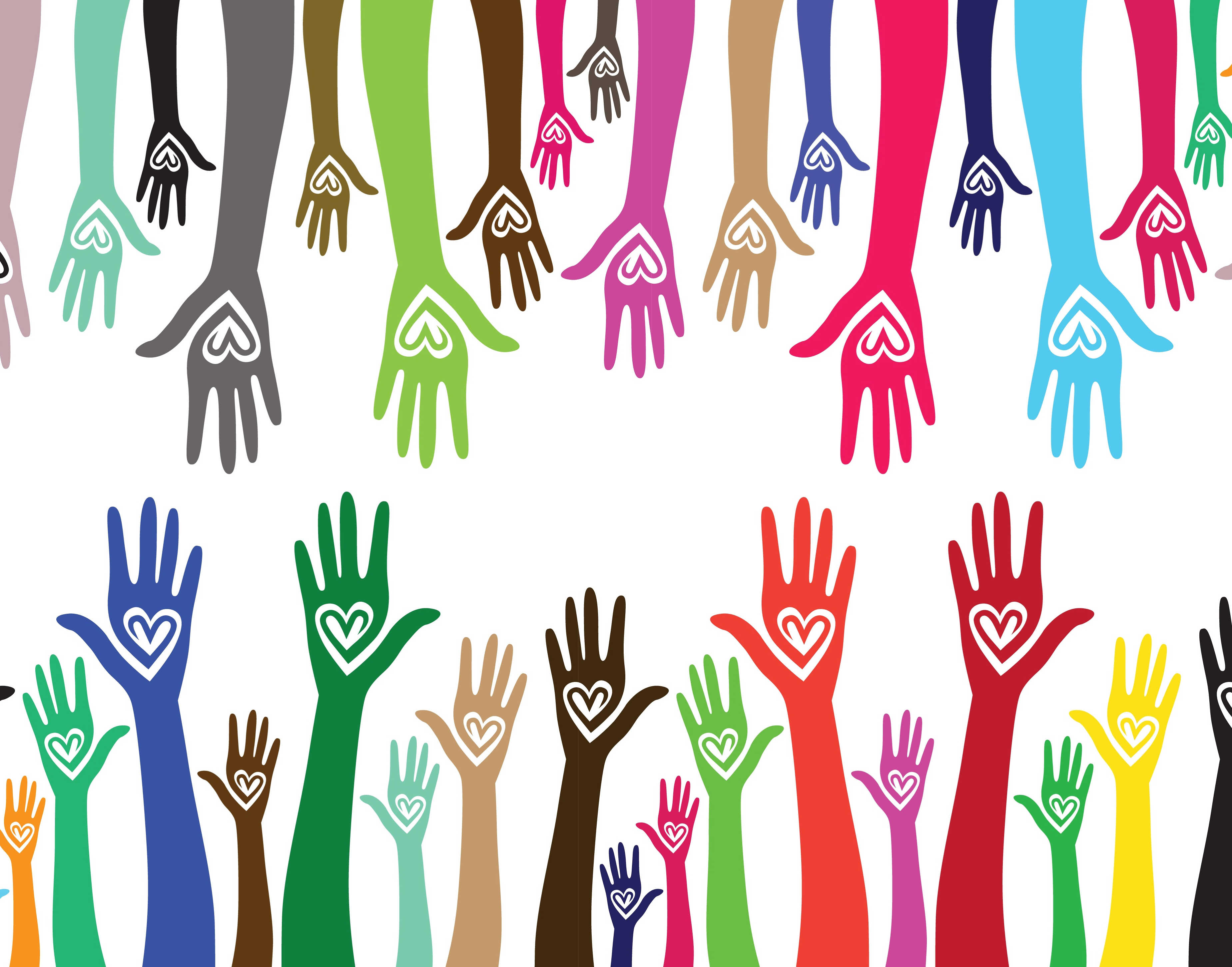 En masse hænder, der rækker fra bunden og toppen af billedet. De er alle forskellige farver og har alle et hjerte i hånden.