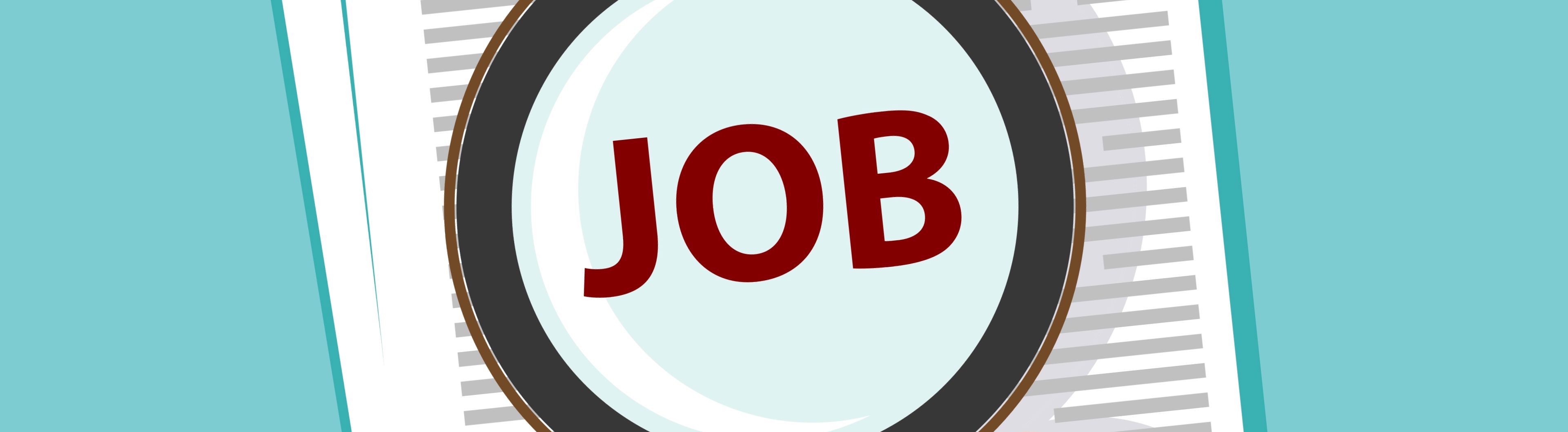 Tegning af papirer med lup. I luppen står der "Job".