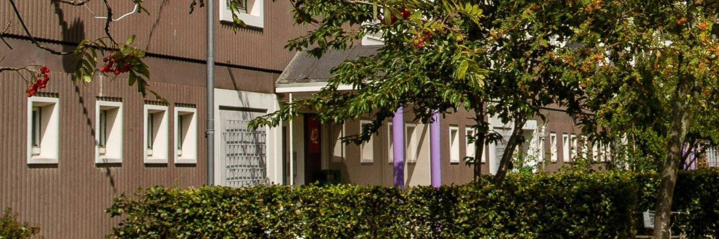 Integrationsboliger "Roen". Det er en brunlig bygning med masser af grøn natur foran.