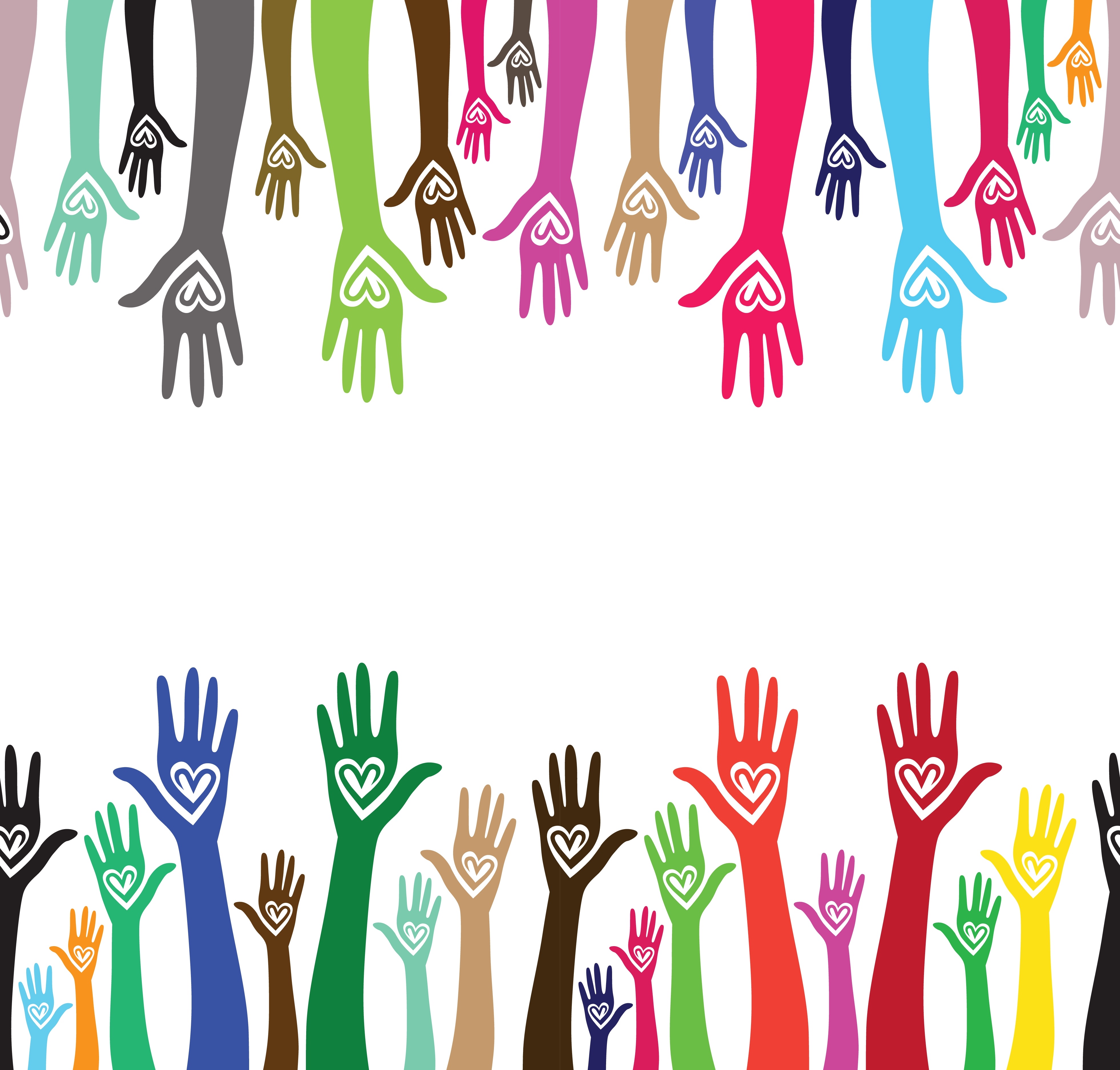 En masse hænder, der rækker fra bunden og toppen af billedet. De er alle forskellige farver og har alle et hjerte i hånden.