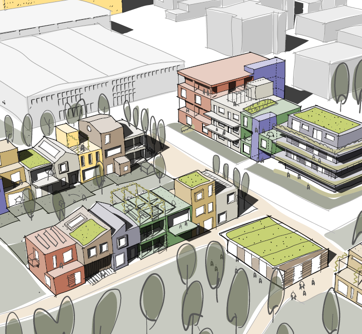 Illustration af hvordan området ved selvbyg boligerne kan se ud