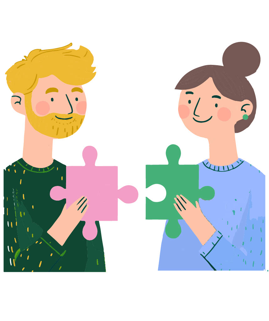 Tegning af to glade personer, der hver står med en puslespilsbrik. De to puslespilsbrikker passer perfekt sammen.